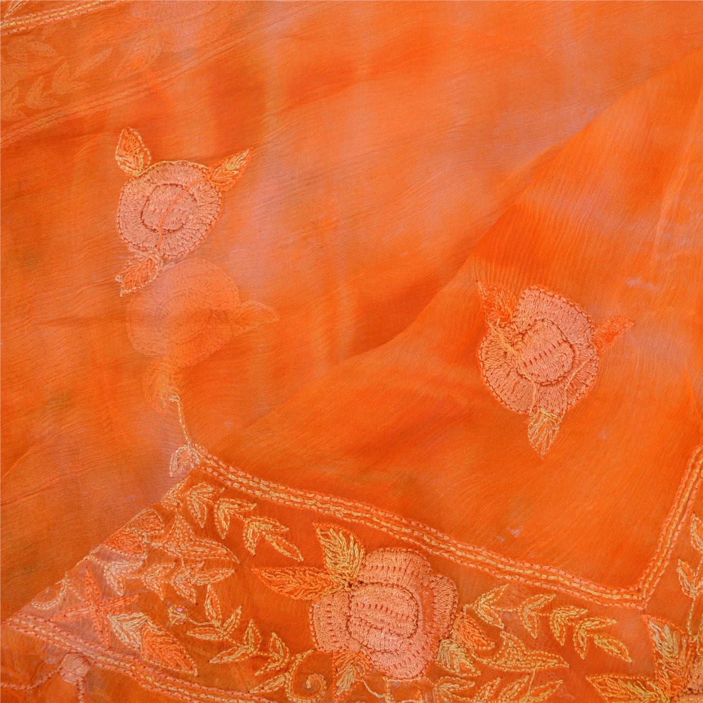 Sanskriti Vintage Long Dupatta Stole Orange Pure Chiffon TieDye Embroidered Veil