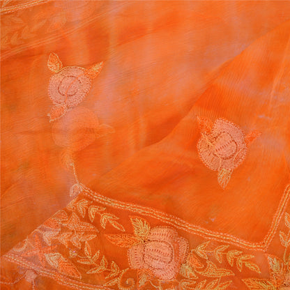 Sanskriti Vintage Long Dupatta Stole Orange Pure Chiffon TieDye Embroidered Veil