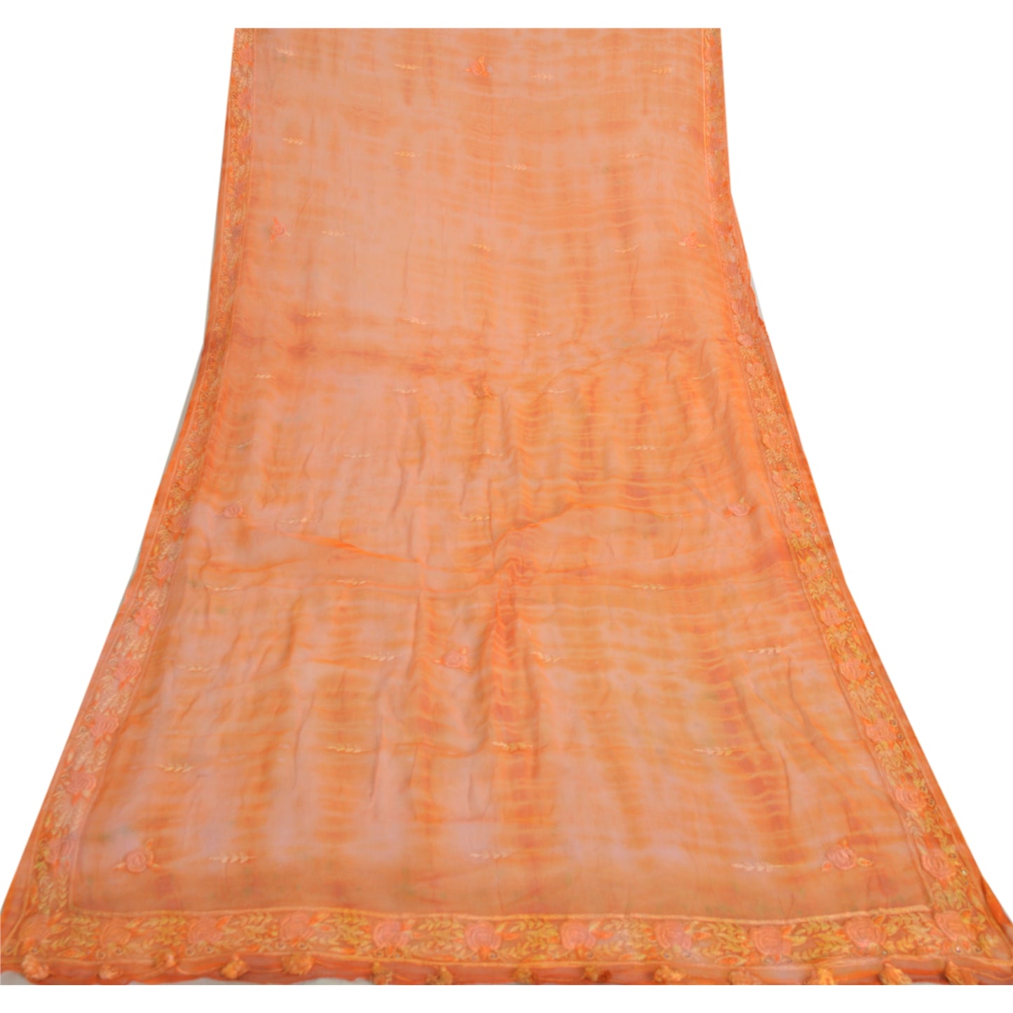 Sanskriti Vintage Long Dupatta Stole Orange Pure Chiffon TieDye Embroidered Veil