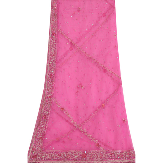 Sanskriti Vintage Long Dupatta Stole Pink Hand Beaded Net Mesh Zari Veil Hijab