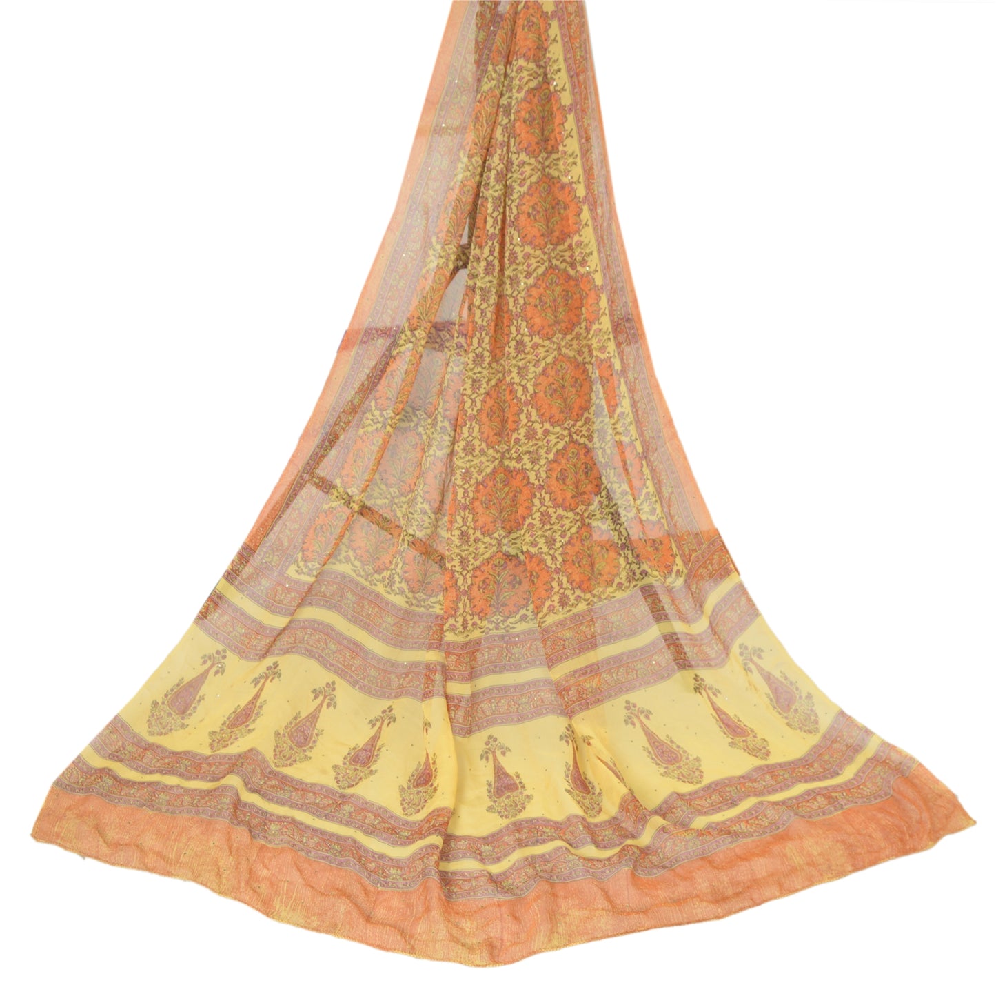 Sanskriti Vintage Long Yellow Dupatta Pure Silk Mukesh Hand Block Print Stole