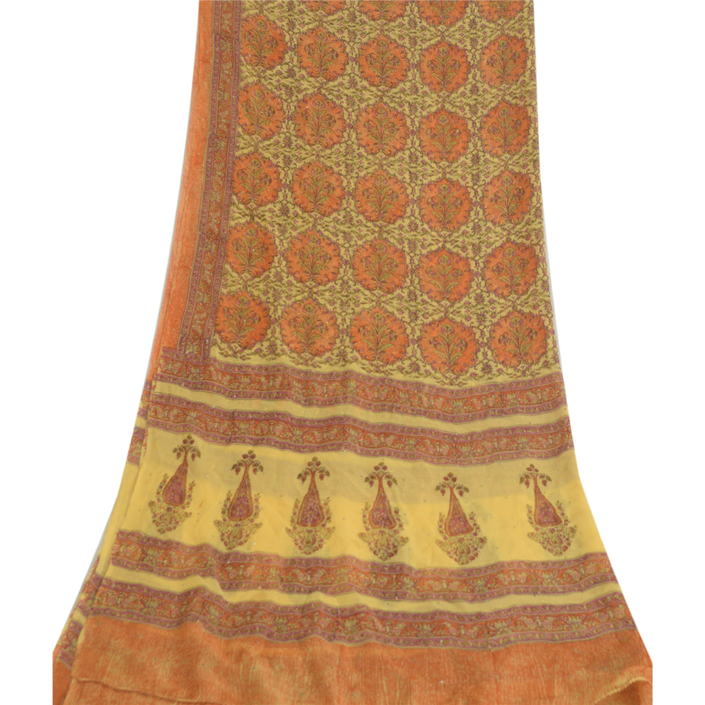 Sanskriti Vintage Long Yellow Dupatta Pure Silk Mukesh Hand Block Print Stole