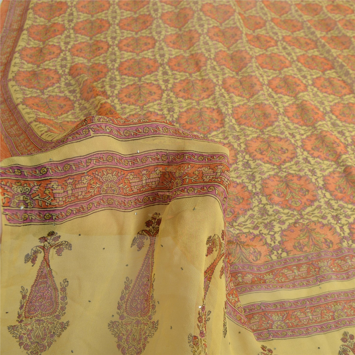 Sanskriti Vintage Long Yellow Dupatta Pure Silk Mukesh Hand Block Print Stole