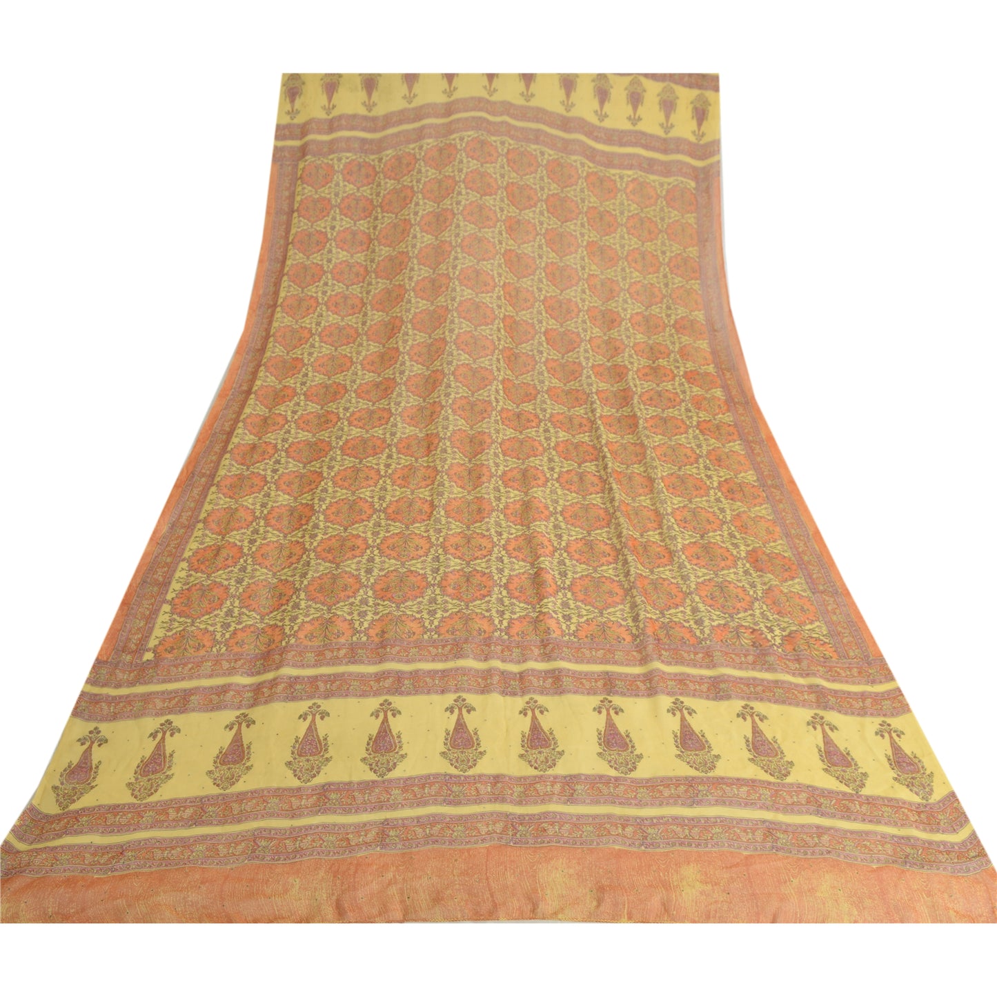 Sanskriti Vintage Long Yellow Dupatta Pure Silk Mukesh Hand Block Print Stole