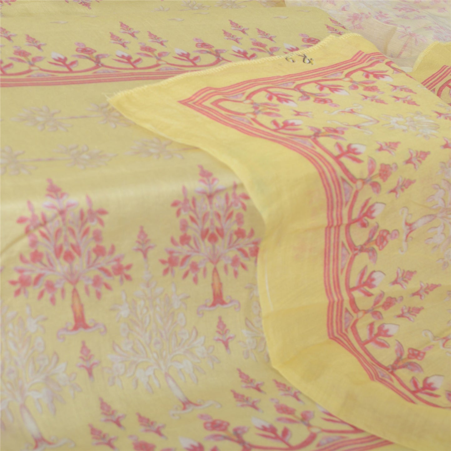 Sanskriti Vintage Long Dupatta Pure Cotton Lemon Yellow Printed Stole Scarf Veil