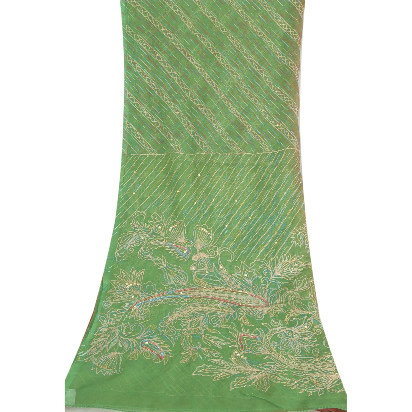 Sanskriti Vintage Long Red/Green Dupatta Chiffon Hand Beaded Zari Stole Scarf