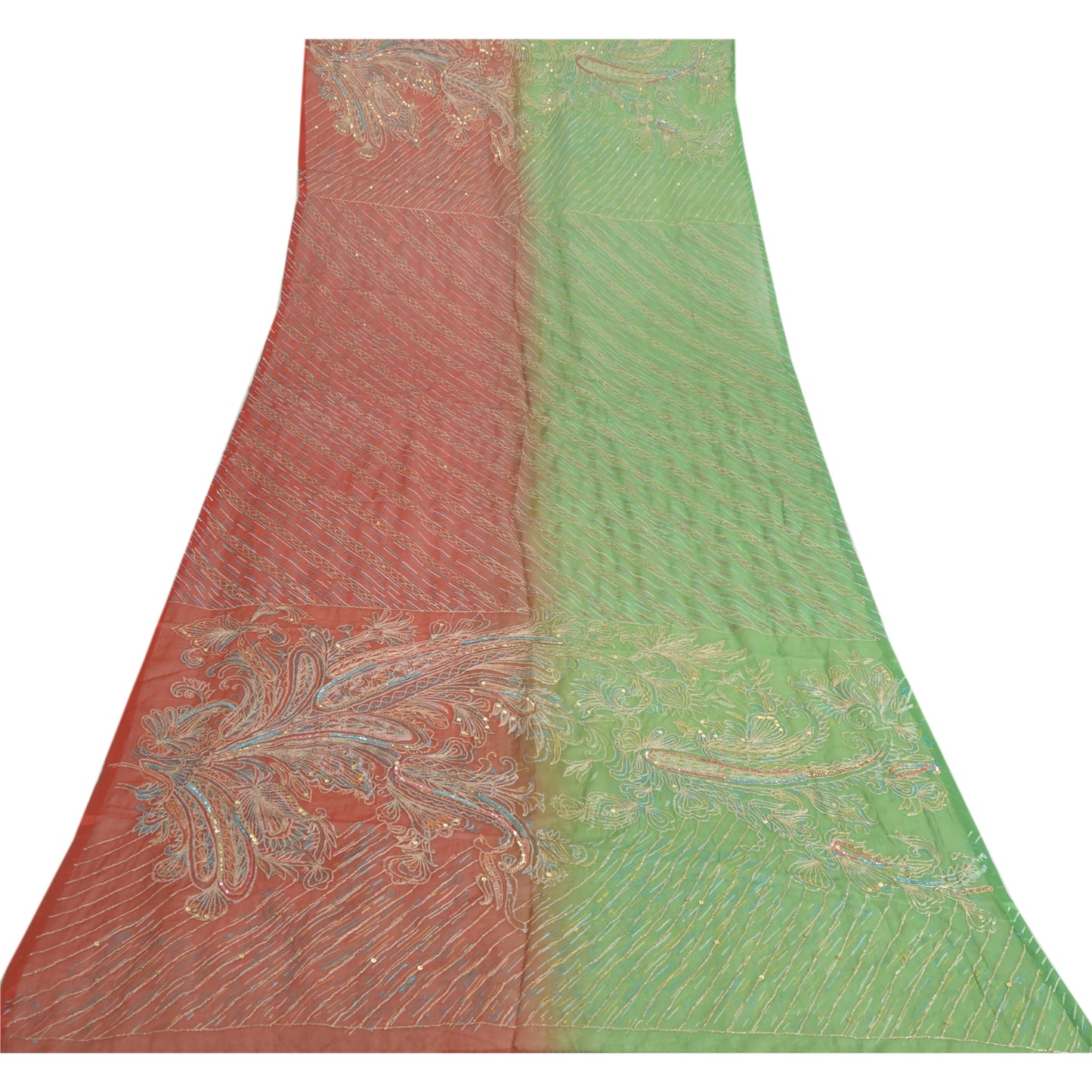 Sanskriti Vintage Long Red/Green Dupatta Chiffon Hand Beaded Zari Stole Scarf