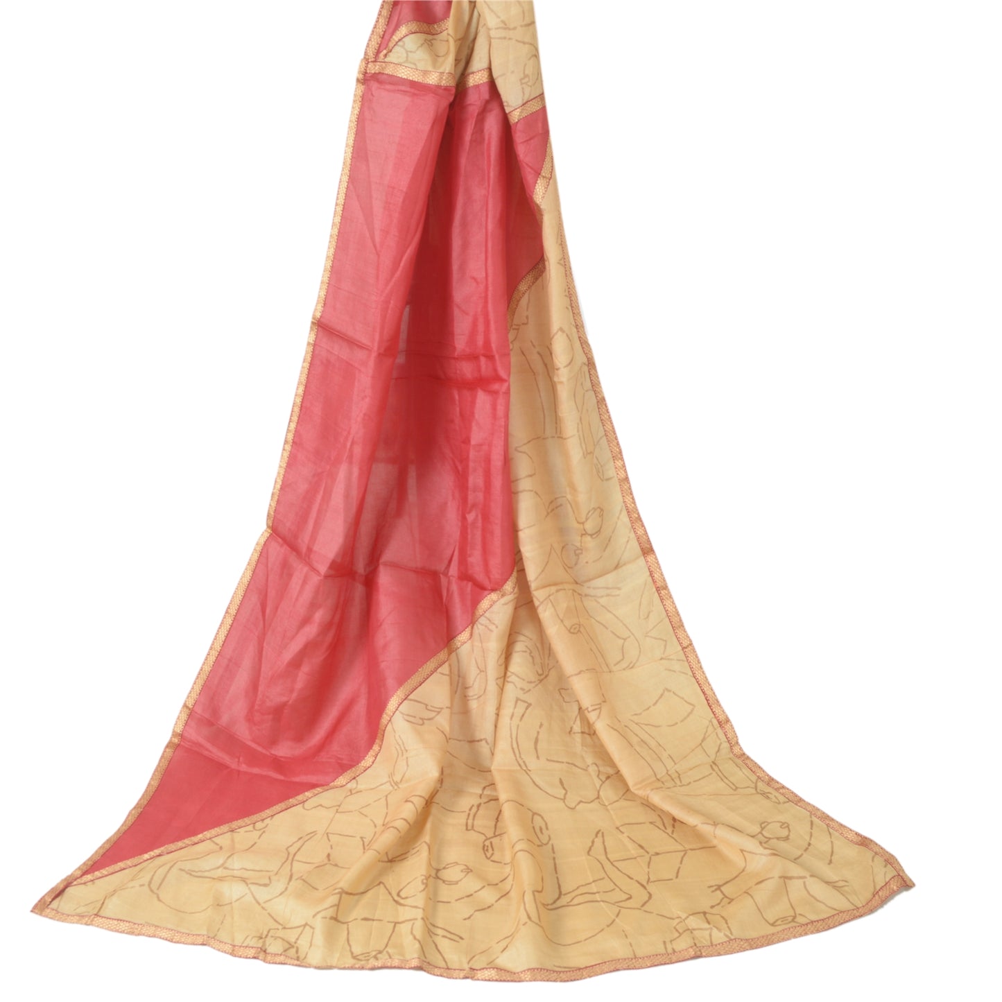 Sansrkiti Vintage Long Stole Dupatta Red/Cream Pure Silk Printed Woven Scarves