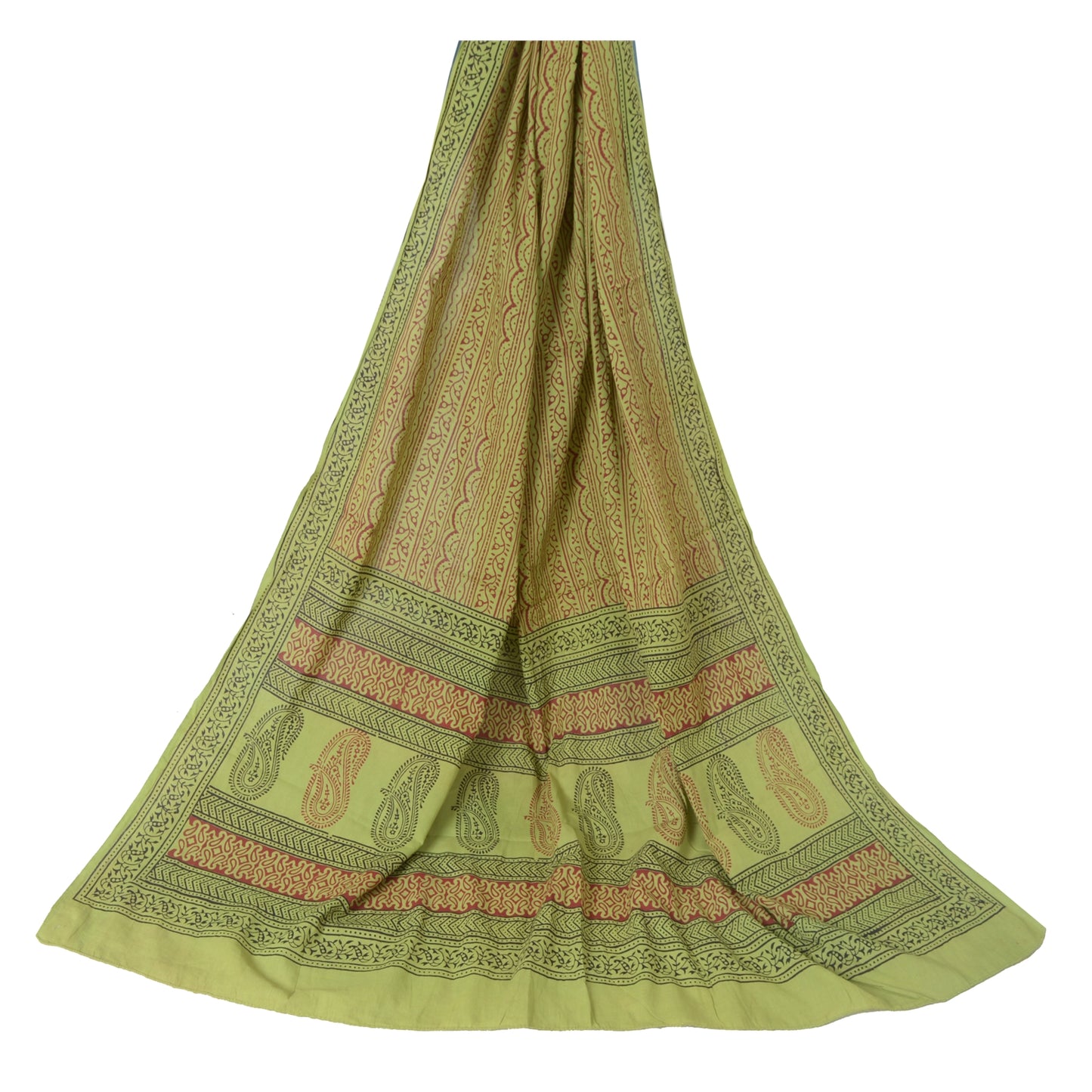 Sanskriti Vintage Long Green Dupatta Pure Cotton Hand Block Printed Veil Stole