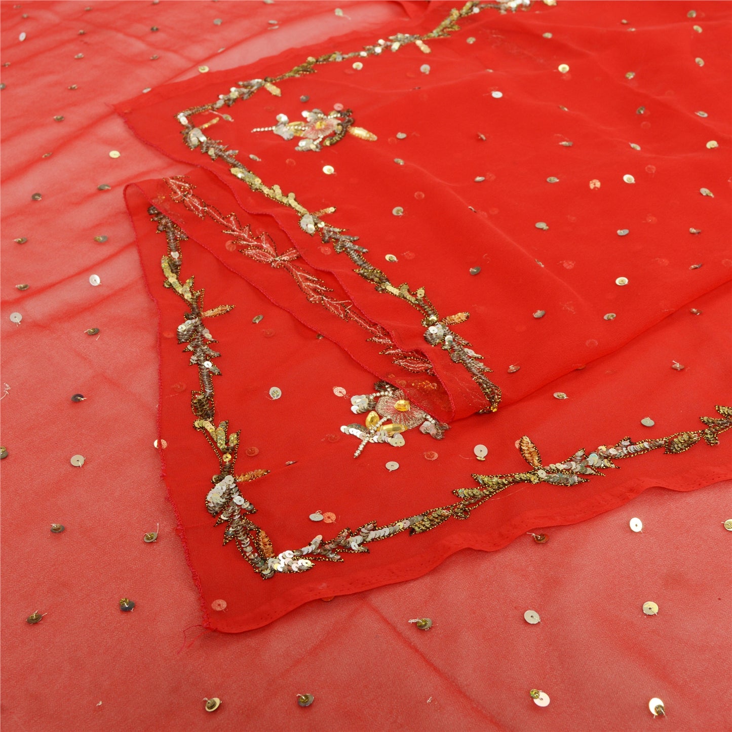 Sanskriti Vintage Long Dupatta Georgette Red Hand Beaded Sequin Stole Scarf Veil