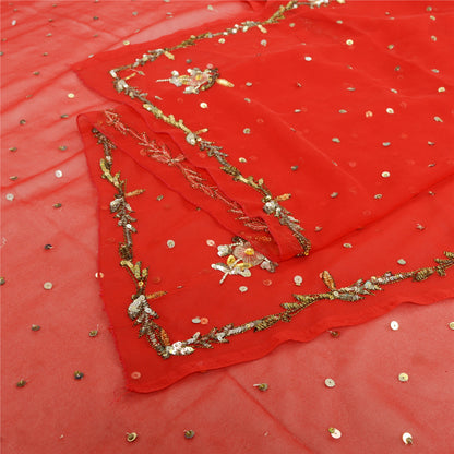 Sanskriti Vintage Long Dupatta Georgette Red Hand Beaded Sequin Stole Scarf Veil