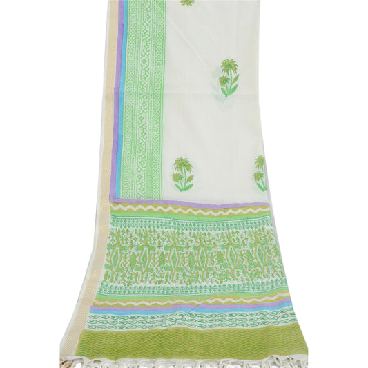 Sanskriti Vintage Long Dupatta Pure Cotton Ivory Floral Printed Stole Scarf Veil