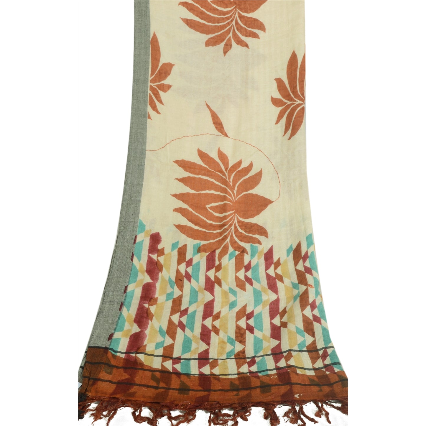 Sanskriti Vintage Long Dupatta/Stole Ivory Blend Cotton Printed Stole Scarf Veil