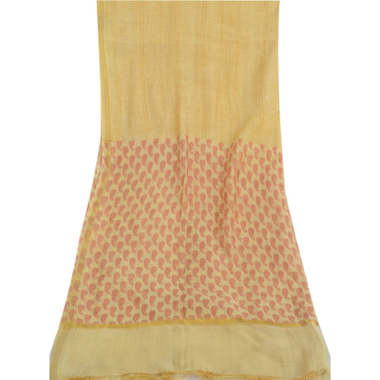 Sanskriti Vintage Long Dupatta Pale Yellow Pure Cotton Printed Zari Woven Stole