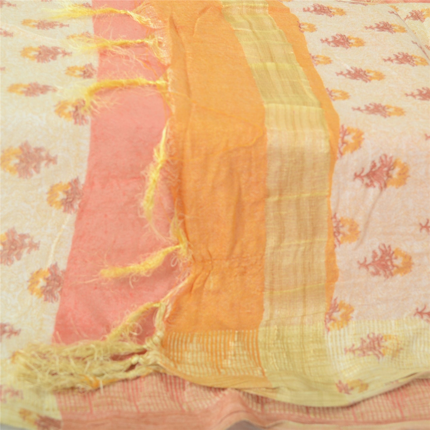 Sanskriti Vintage Long Dupatta Pure Silk Pink/Cream Block Print Stole Scarf Veil