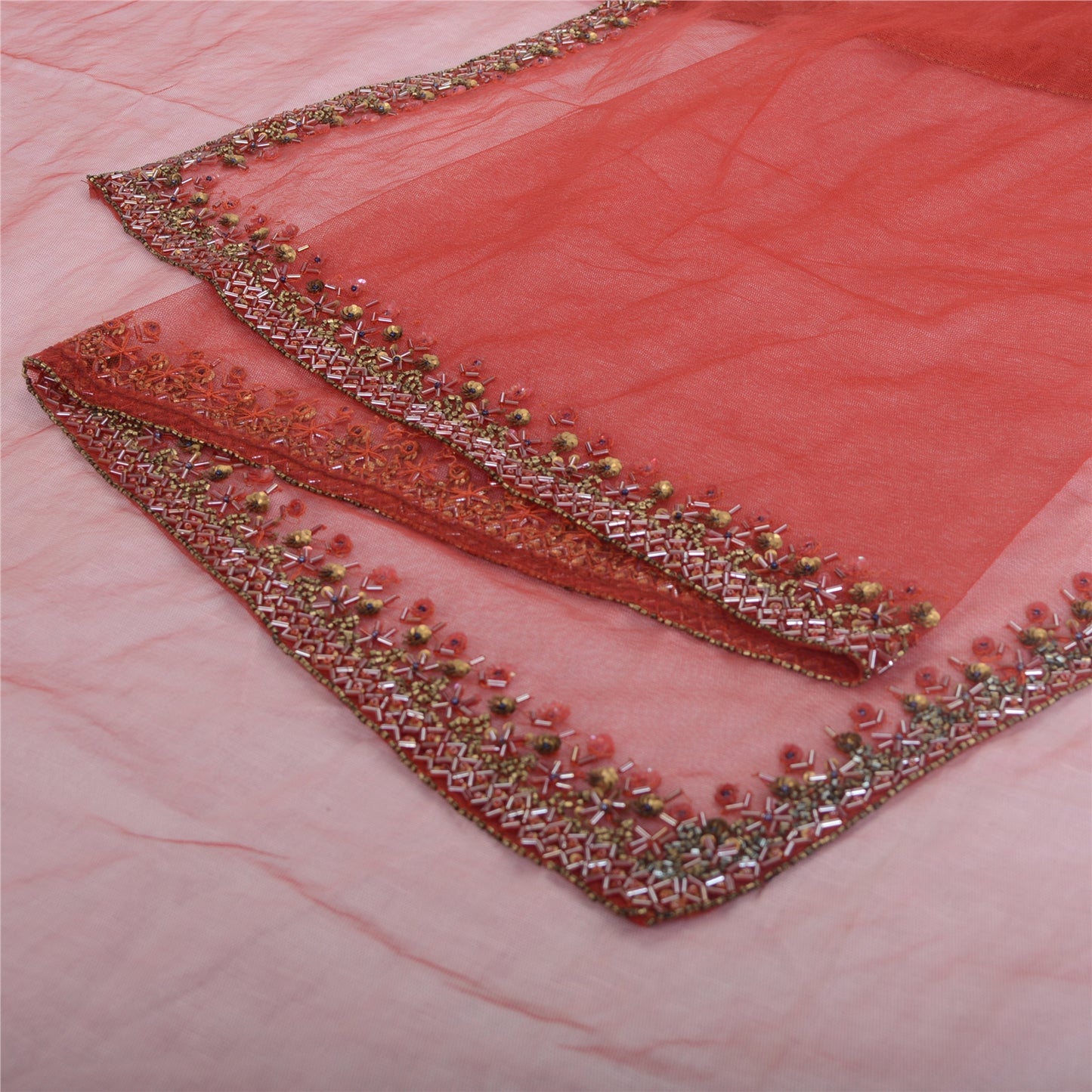 Sanskriti Vintage Long Dupatta Red Net Mesh Wedding Hand Beaded Stole Scarf Veil