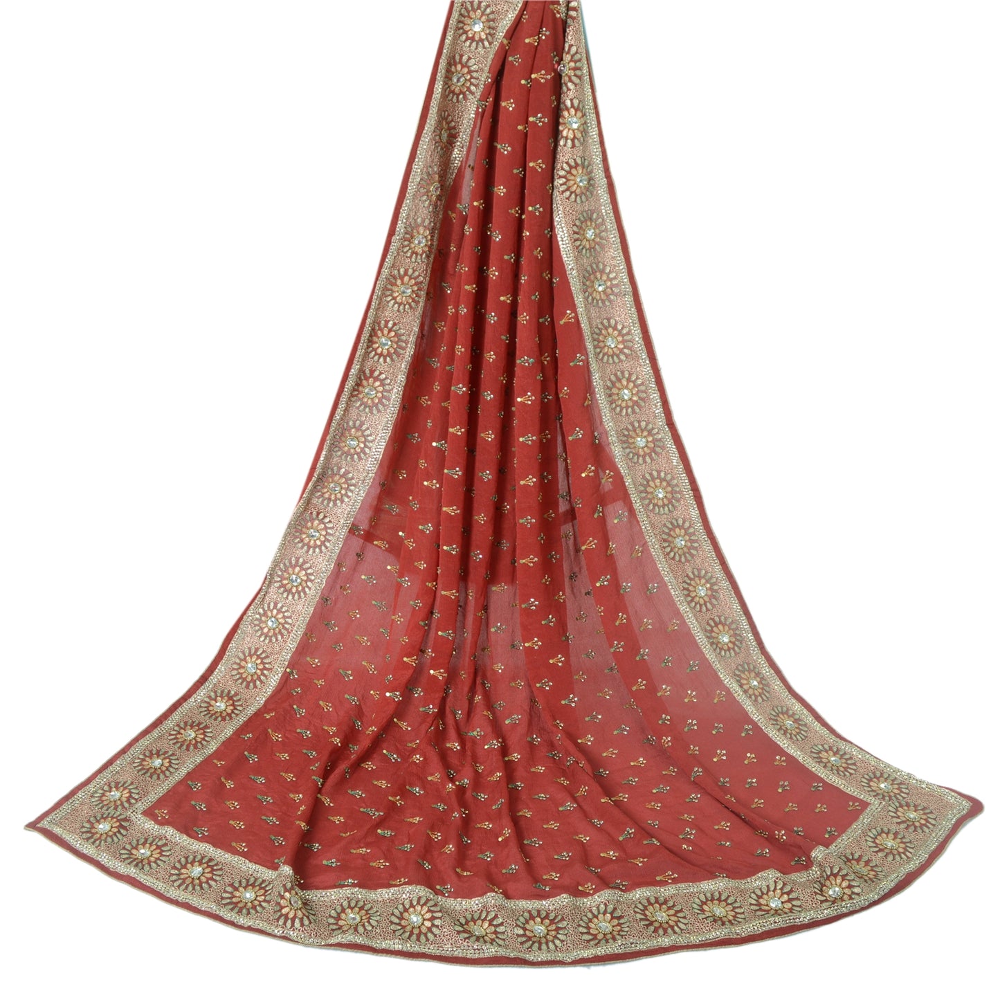 Sanskriti Vintage Long Dupatta Pure Chiffon Red Hand Bead Zari Stole Scarf Veil