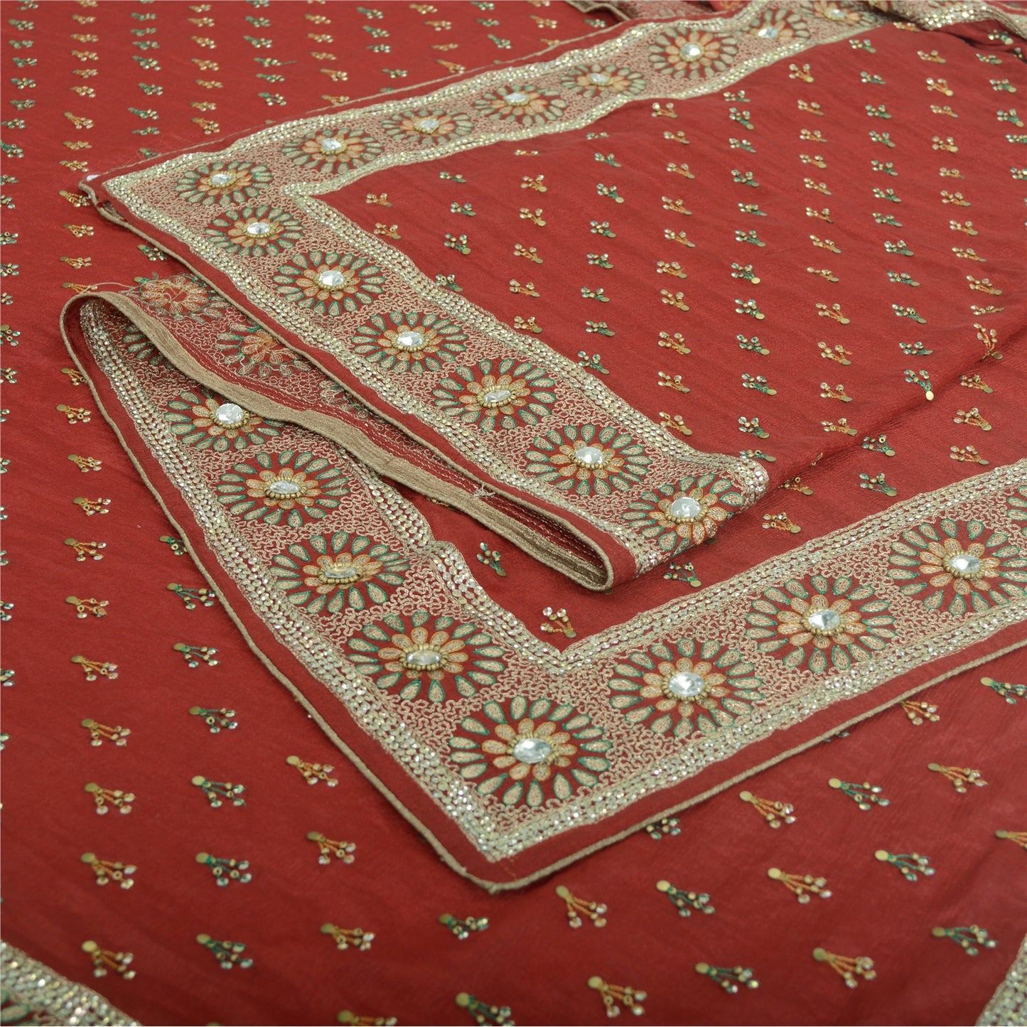 Sanskriti Vintage Long Dupatta Pure Chiffon Red Hand Bead Zari Stole Scarf Veil