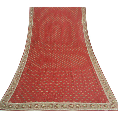 Sanskriti Vintage Long Dupatta Pure Chiffon Red Hand Bead Zari Stole Scarf Veil