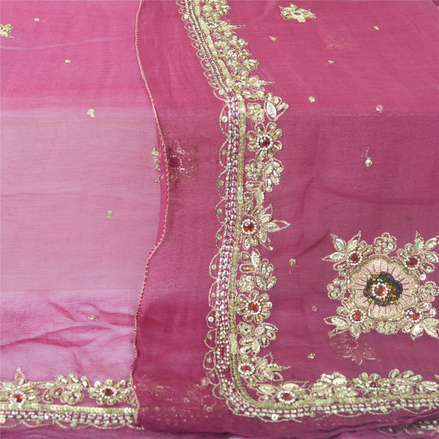 Sanskriti Vintage Long Dupatta Pure Chiffon Pink Hand Beaded Stole Scarf Veil