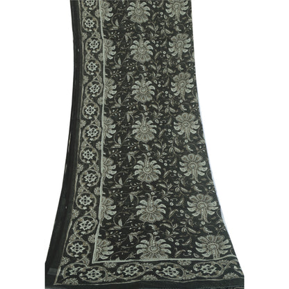 Sanskriti Vintage Long Dupatta Pure Cotton Black Kalamkari Handmade Stole Scarf