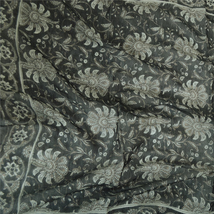 Sanskriti Vintage Long Dupatta Pure Cotton Black Kalamkari Handmade Stole Scarf