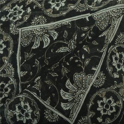 Sanskriti Vintage Long Dupatta Pure Cotton Black Kalamkari Handmade Stole Scarf