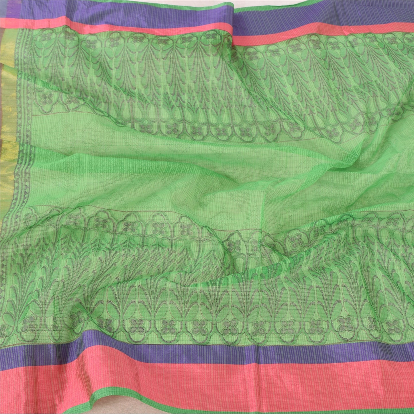 Sanskriti Vintage Long Dupatta/Stole Green Artificial Silk Hand Block Printed