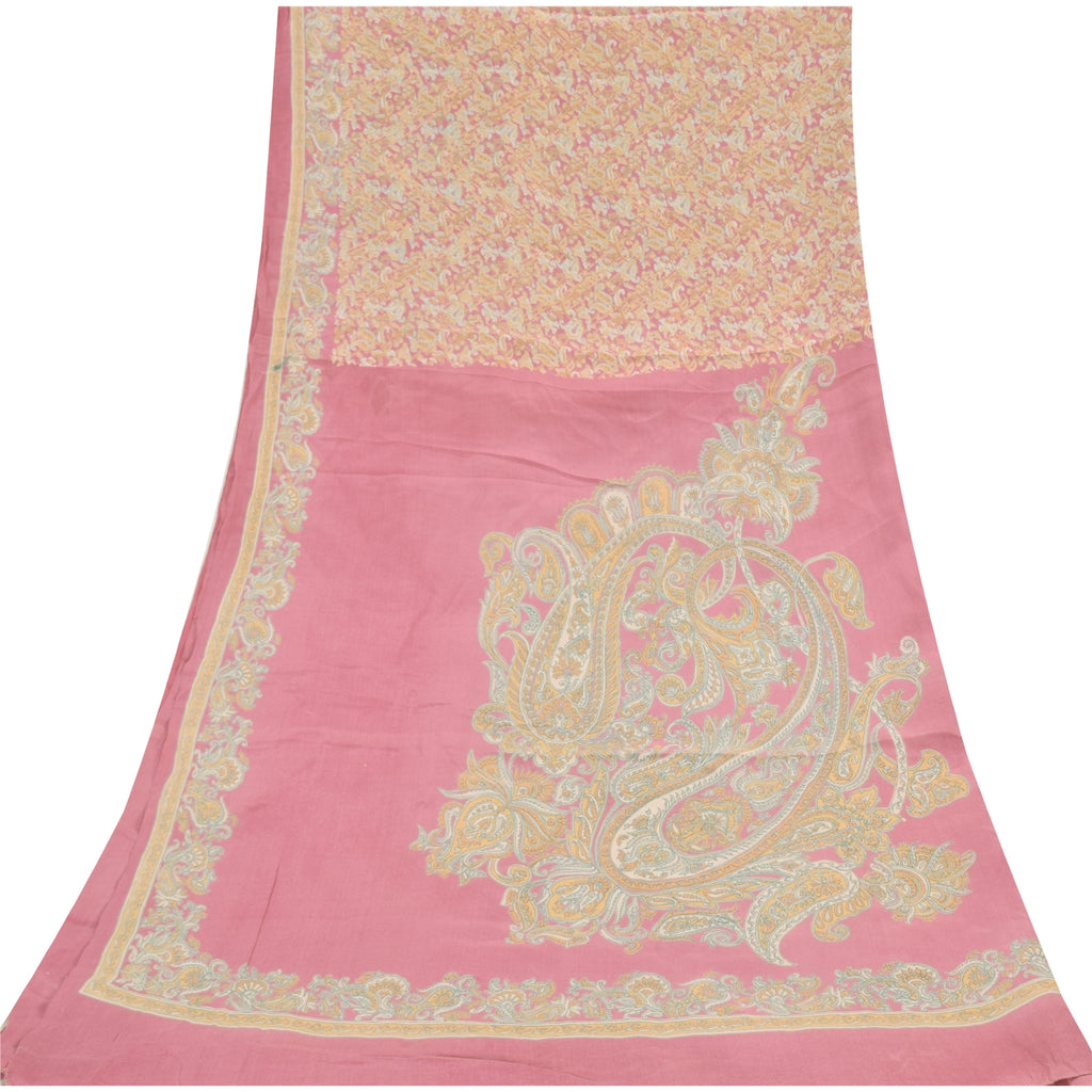 Sanskriti Vintage Long Dupatta/Stole Unique Blend Silk Pink Printed Scarf Veil