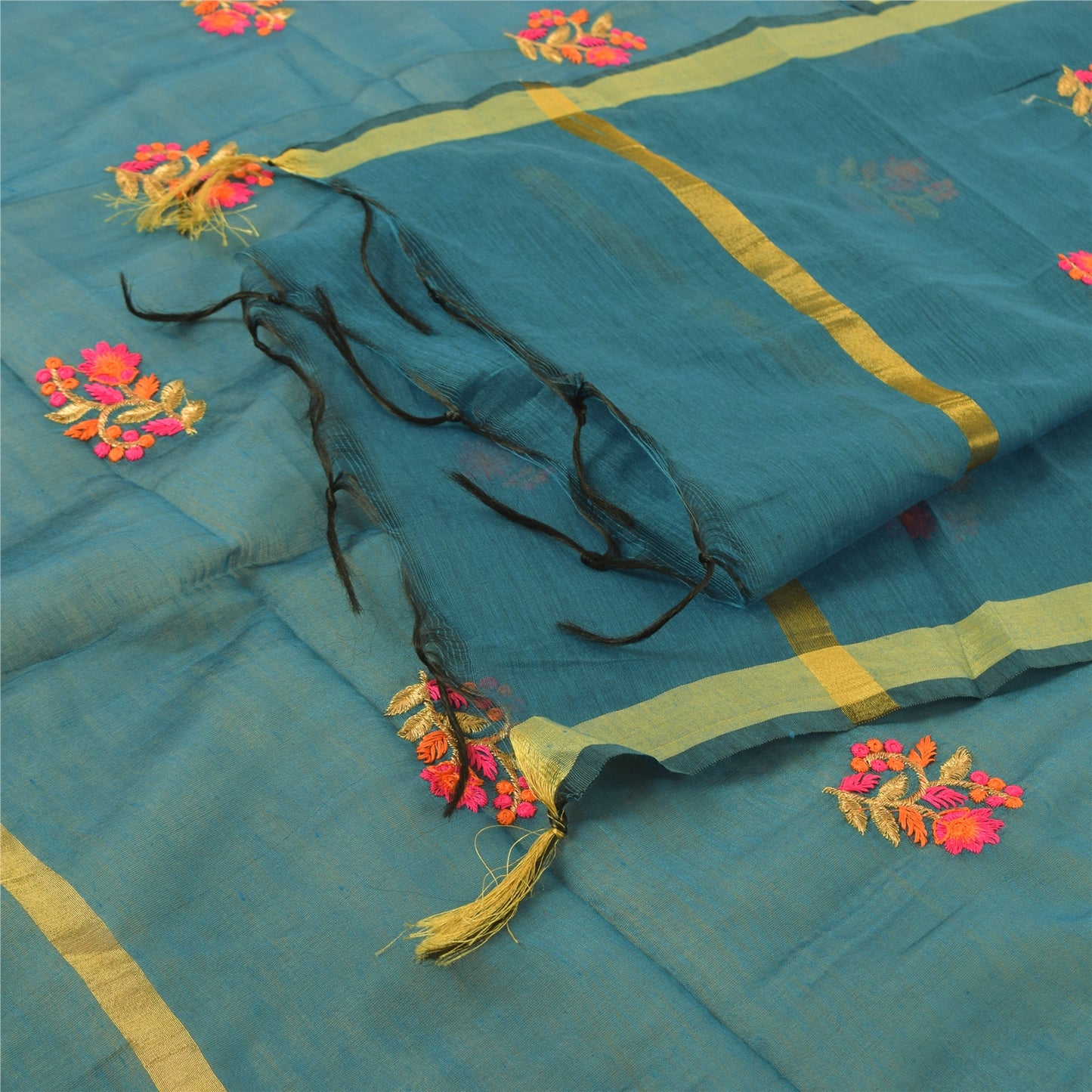 Sanskriti Vintage Long Dupatta/Stole Blue Art Silk Embroidered Scarf Veil Stole