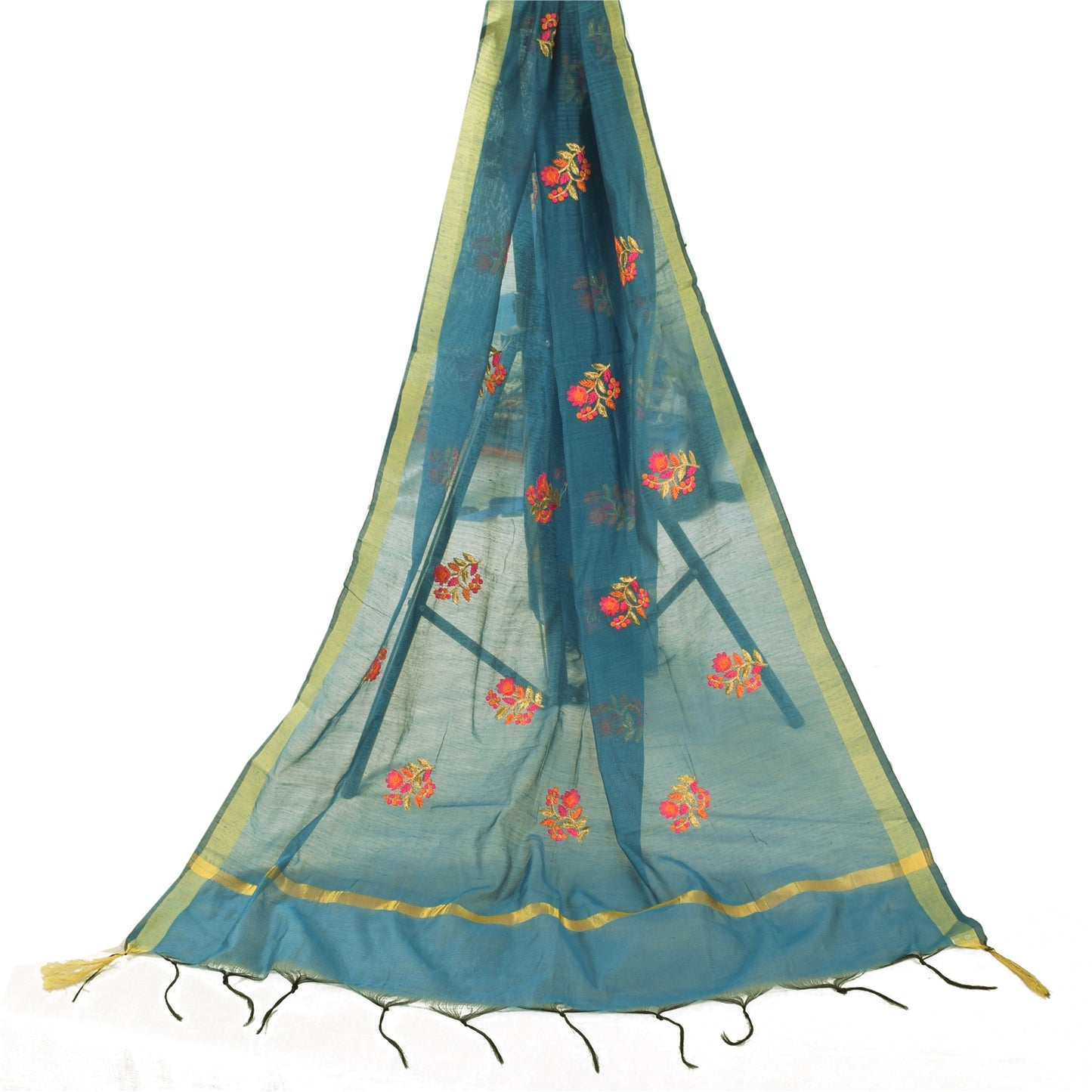 Sanskriti Vintage Long Dupatta/Stole Blue Art Silk Embroidered Scarf Veil Stole