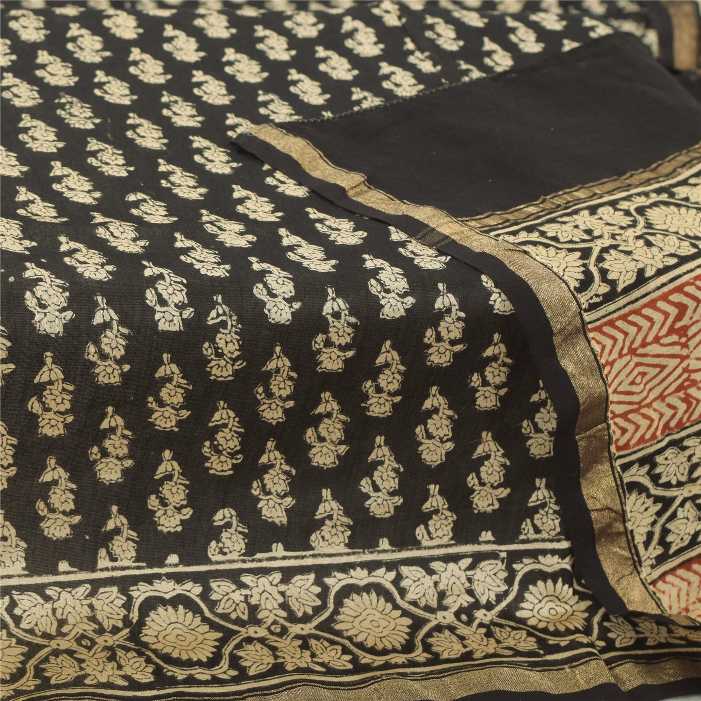 Sanskriti Vintage Long Dupatta/Stole Pure Cotton Black Hand Bloc Printed Veil