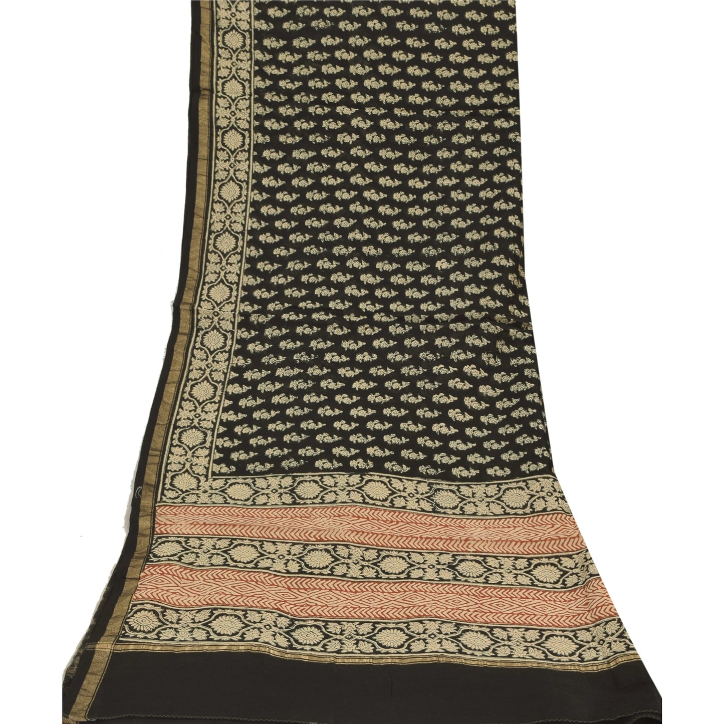 Sanskriti Vintage Long Dupatta/Stole Pure Cotton Black Hand Bloc Printed Veil