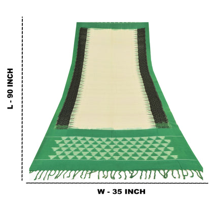 Sanskriti Vintage Long Dupatta/Stole Pure Cotton Ikat Woven Ivory/Green Veil