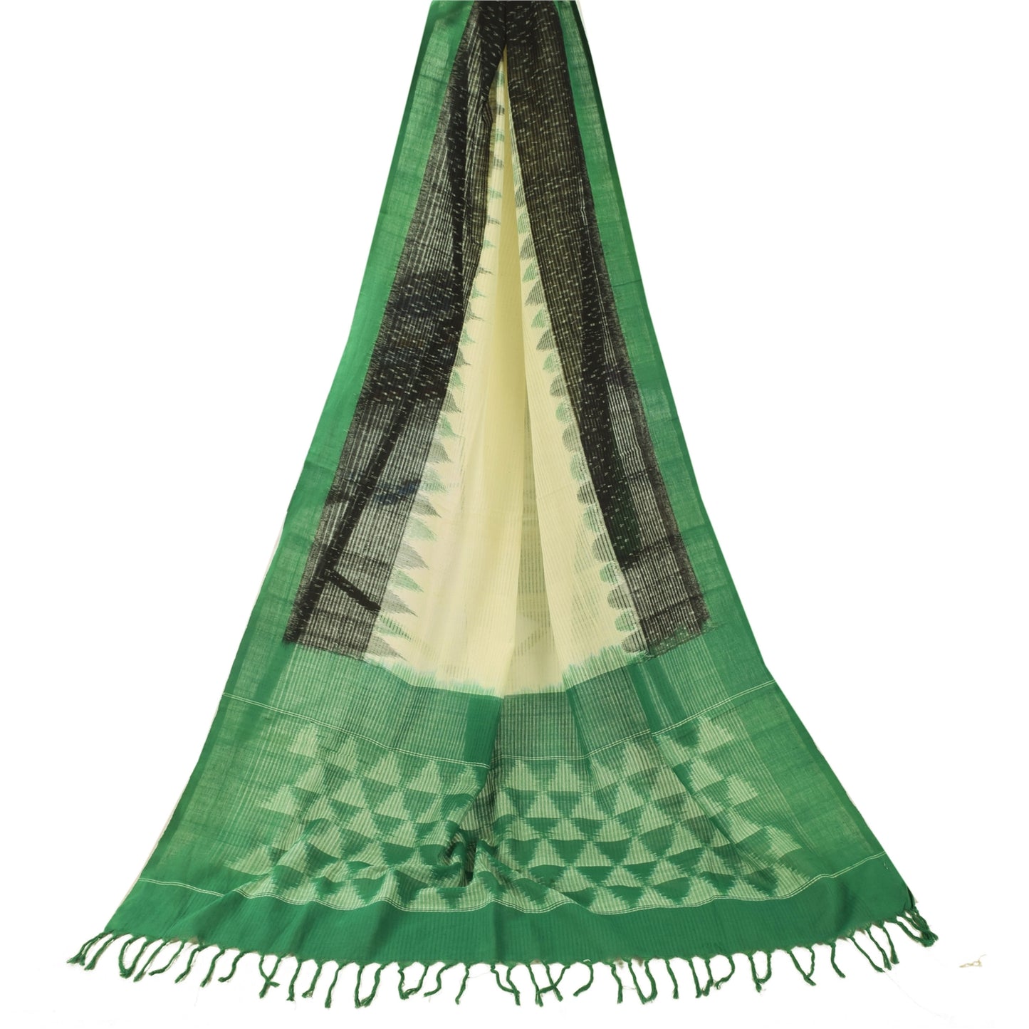 Sanskriti Vintage Long Dupatta/Stole Pure Cotton Ikat Woven Ivory/Green Veil