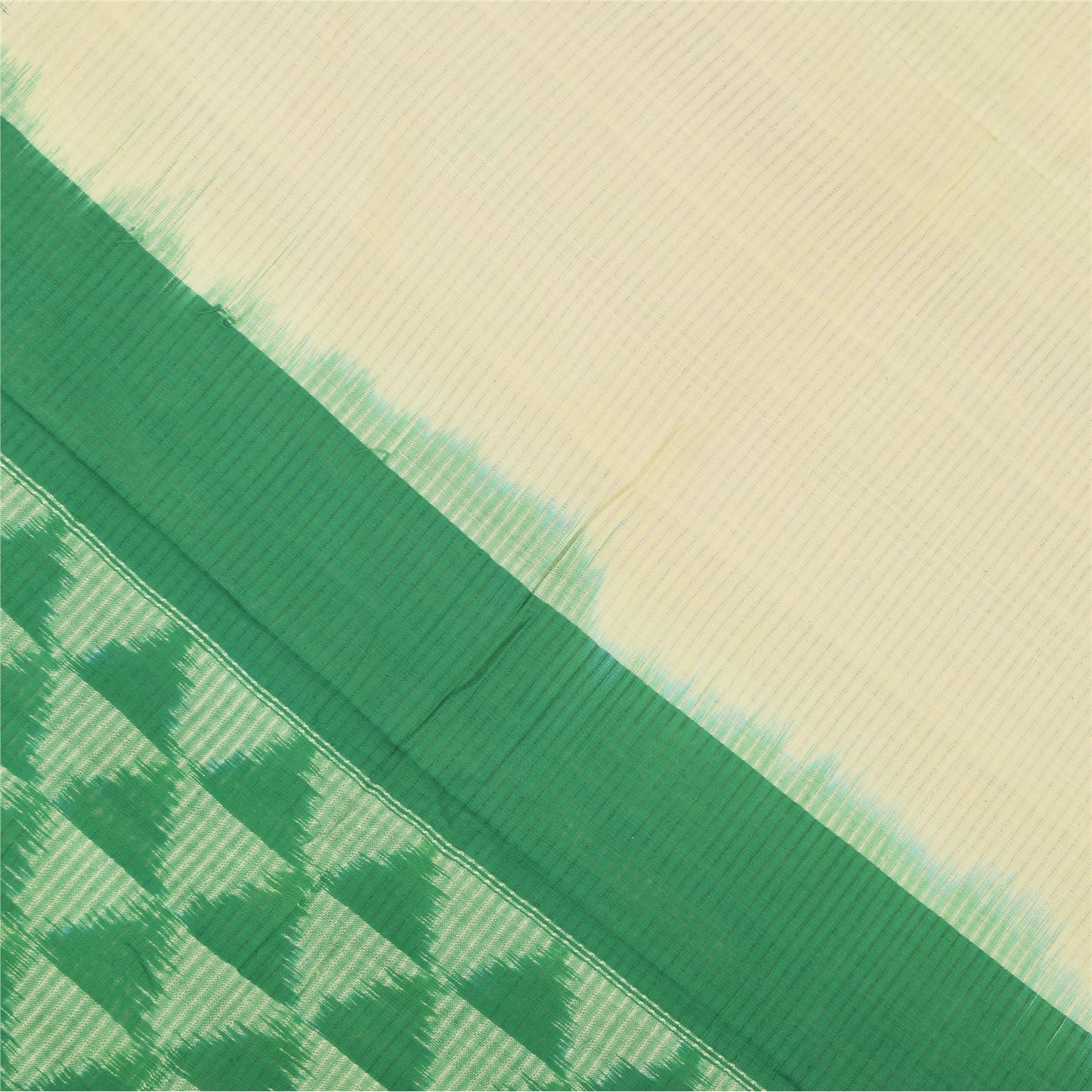 Sanskriti Vintage Long Dupatta/Stole Pure Cotton Ikat Woven Ivory/Green Veil