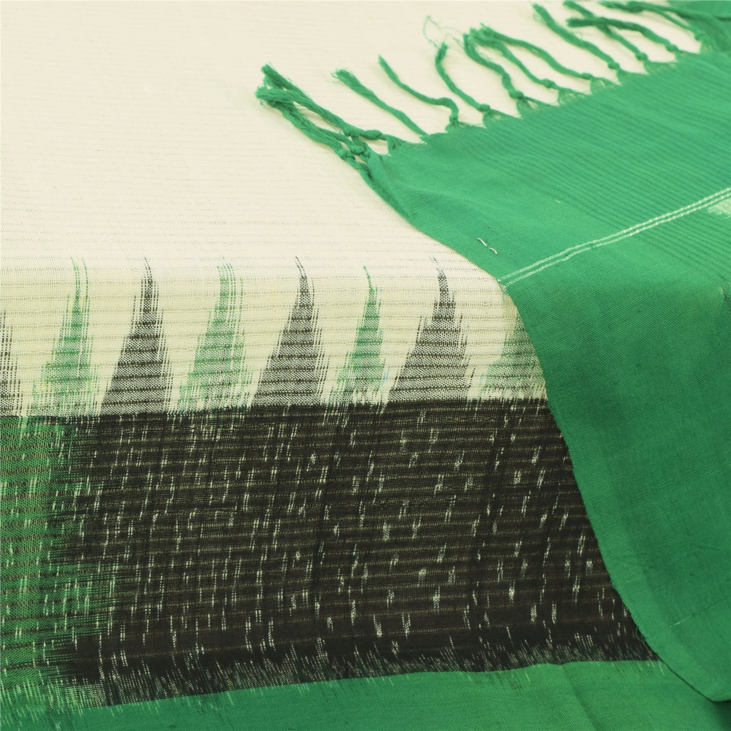 Sanskriti Vintage Long Dupatta/Stole Pure Cotton Ikat Woven Ivory/Green Veil