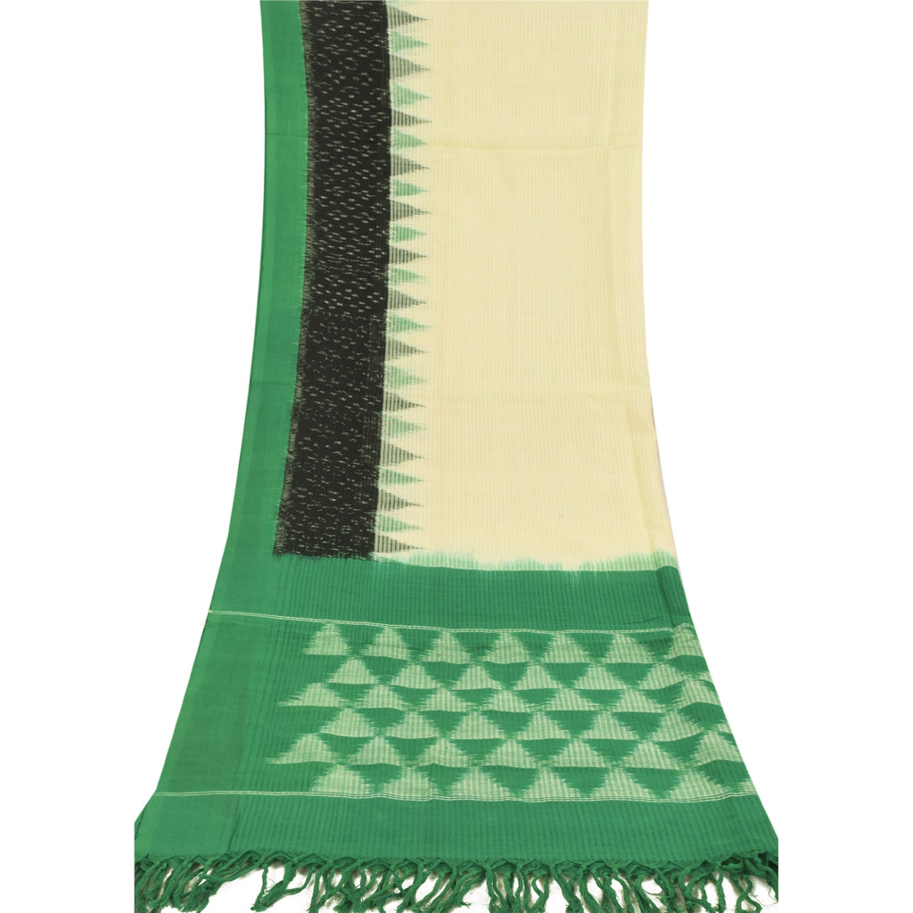 Sanskriti Vintage Long Dupatta/Stole Pure Cotton Ikat Woven Ivory/Green Veil