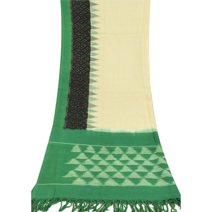 Sanskriti Vintage Long Dupatta/Stole Pure Cotton Ikat Woven Ivory/Green Veil