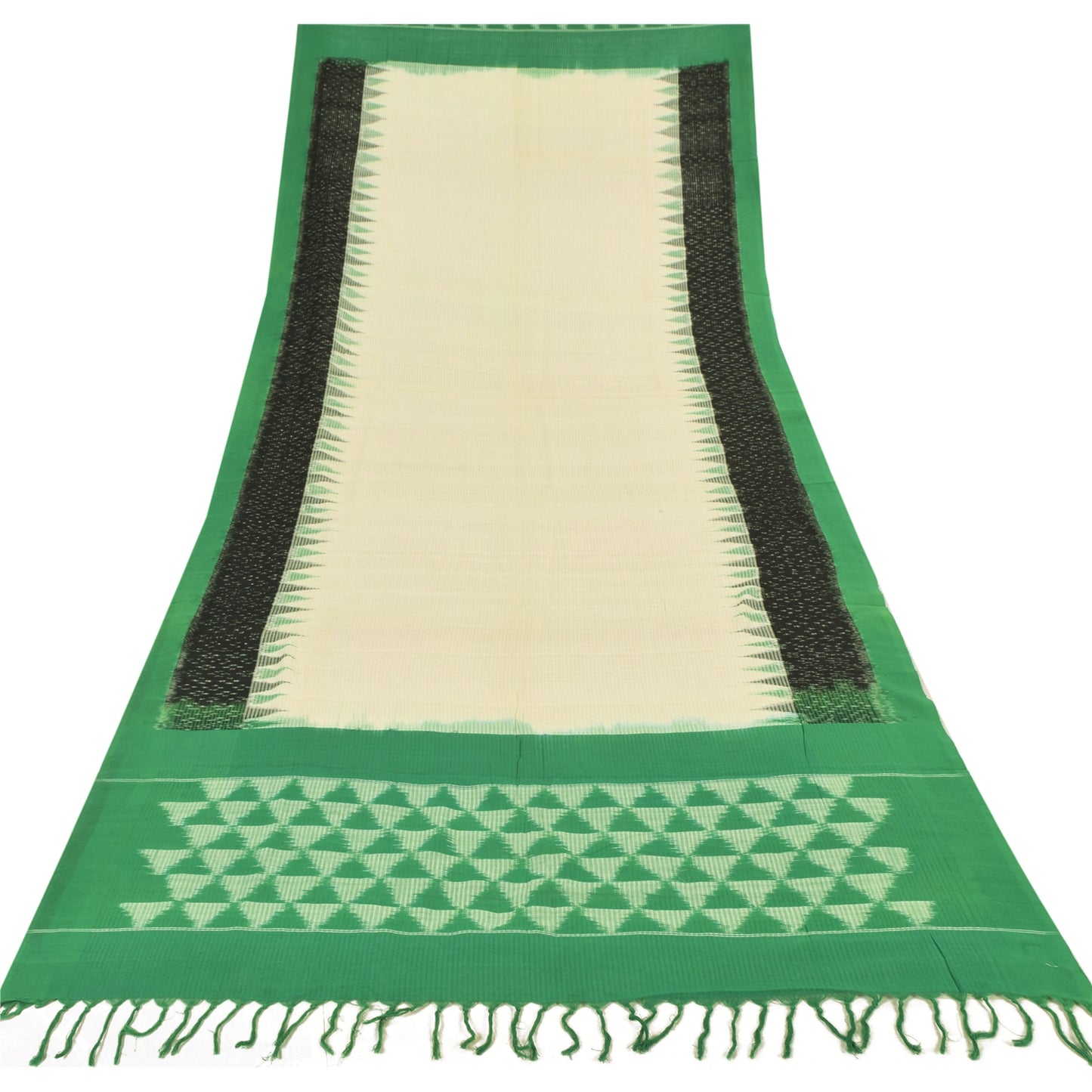 Sanskriti Vintage Long Dupatta/Stole Pure Cotton Ikat Woven Ivory/Green Veil