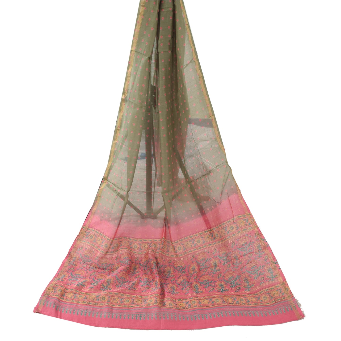 Sanskriti Vintage Long Dupatta/Stole Cotton Silk Pink/Green Hand Block Printed