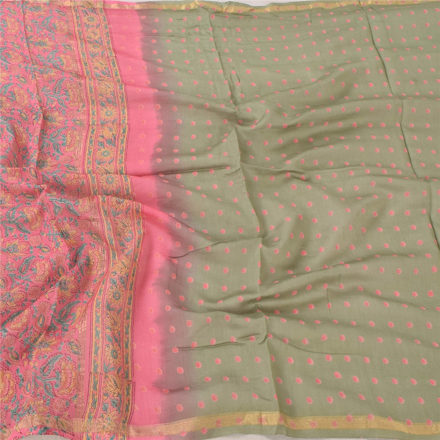 Sanskriti Vintage Long Dupatta/Stole Cotton Silk Pink/Green Hand Block Printed