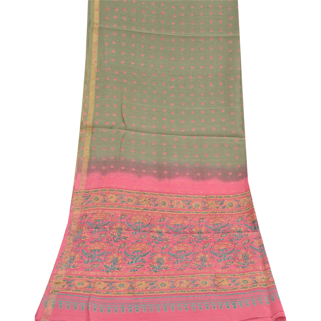 Sanskriti Vintage Long Dupatta/Stole Cotton Silk Pink/Green Hand Block Printed