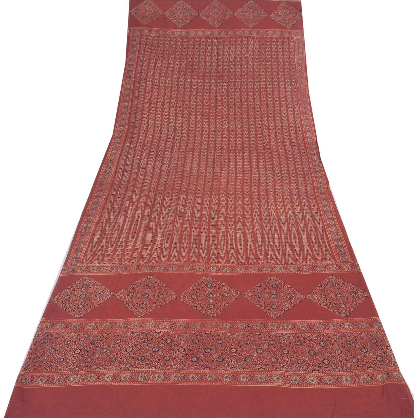 Sanskriti Vintage Long Dupatta/Stole Pure Cotton Dusty Red Hand Block Print Veil