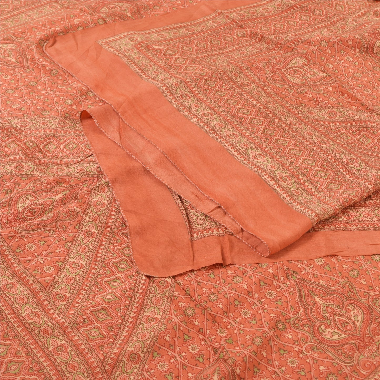 Sanskriti Vintage Long Dupatta/Stole Pure Crepe Silk Orange Printed Scarf Veil