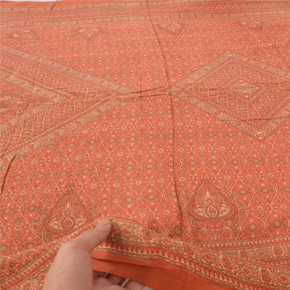 Sanskriti Vintage Long Dupatta/Stole Pure Crepe Silk Orange Printed Scarf Veil