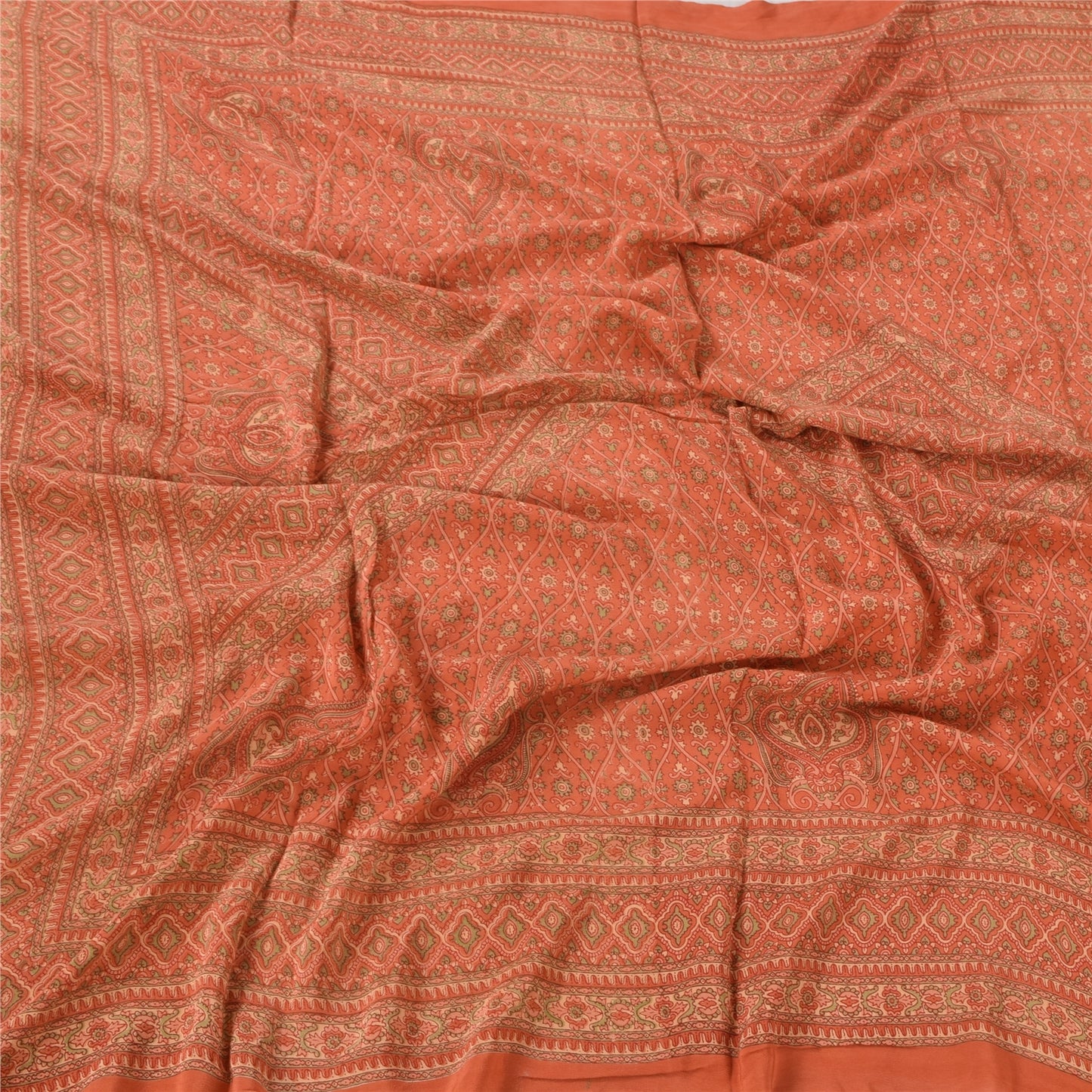 Sanskriti Vintage Long Dupatta/Stole Pure Crepe Silk Orange Printed Scarf Veil