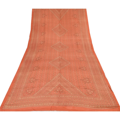 Sanskriti Vintage Long Dupatta/Stole Pure Crepe Silk Orange Printed Scarf Veil