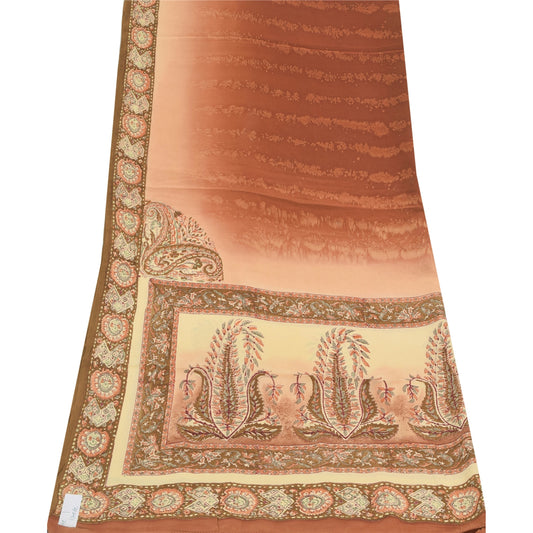 Sanskriti Vintage Long Dupatta/Stole Pure Crepe Silk Orange Printed Scarf Veil