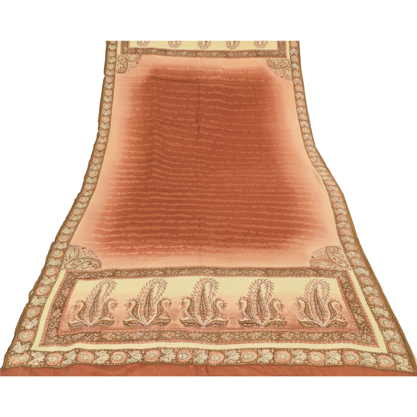 Sanskriti Vintage Long Dupatta/Stole Pure Crepe Silk Orange Printed Scarf Veil